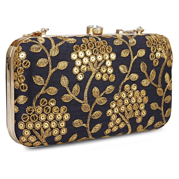 Desner Box Clutch - Zari Embroidery Hand Clutch Navy Blue C :D - Picture 1 of 7